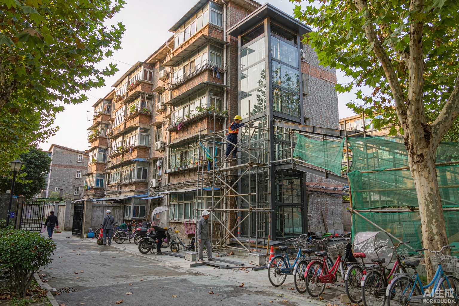 老旧小区加装电梯施工现场（AI 生成示意图）